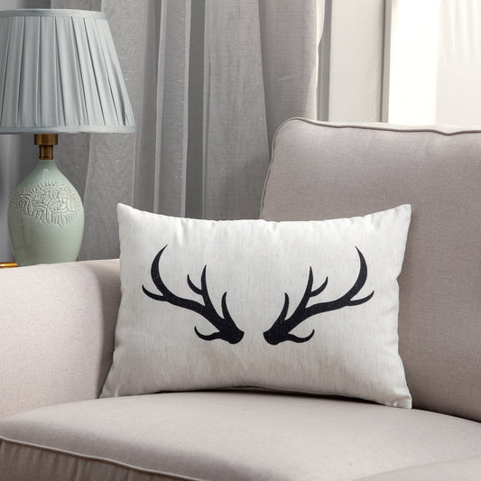 Black Antlers On White Lumbar With Feather Down Insert Pillow