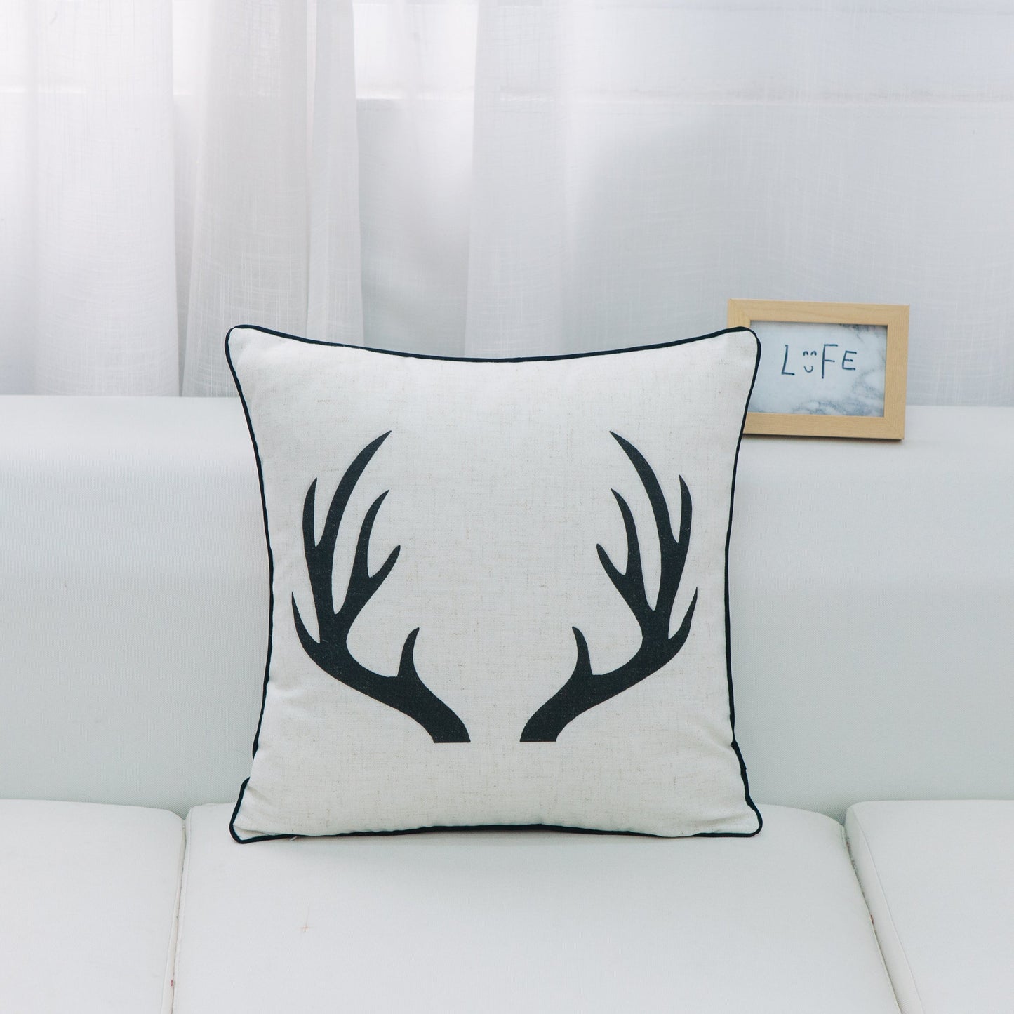 Square Black Antlers On White With Feather Down Insert Pillow