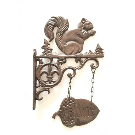 Cast Iron Wall Mount Squirrel On A Hanging Welcome Acorn  Sign