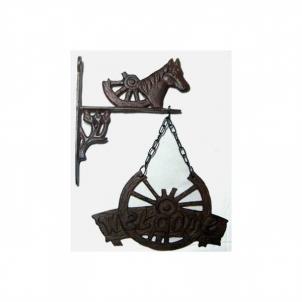 Cast Iron Wall Mounted Horse Head With Hanging Wagon Wheel Welcome Sign