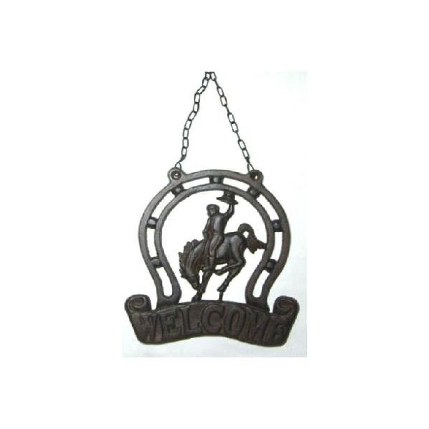 Cast Iron Horseshoe Shape With Cowboy On A Horse Welcome Sign