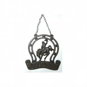 Cast Iron Horseshoe Shape With Cowboy On A Horse Welcome Sign