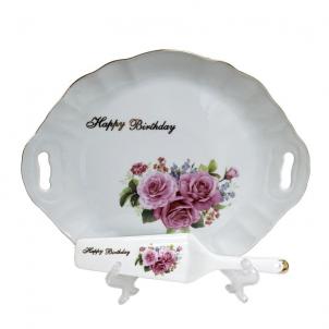 Happy Birthday With Roses Server And Handled Cake Tray