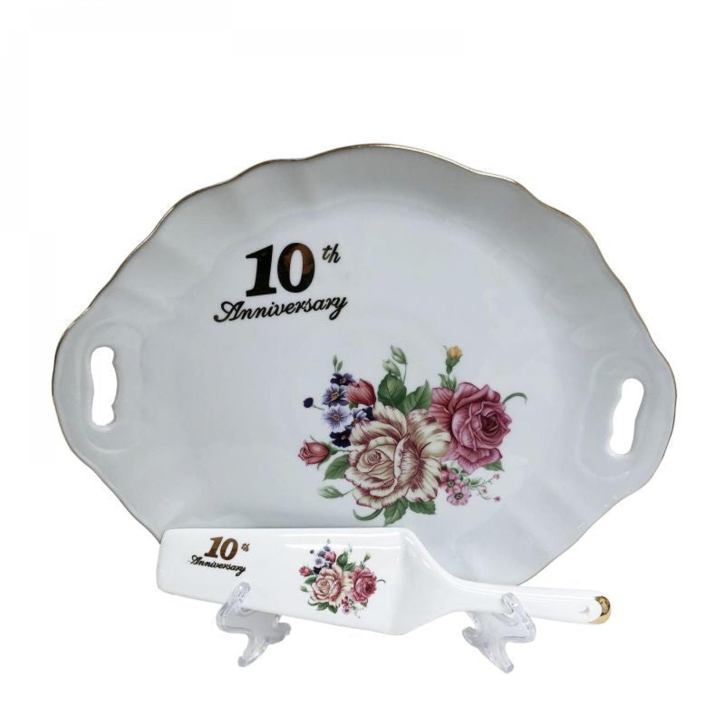 10Th Anniversary With Flower Pattern. Server And Handled Cake Tray