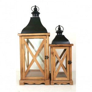 Set Of 2 Wood Frame With Iron Lid And Glass Doors Lanterns