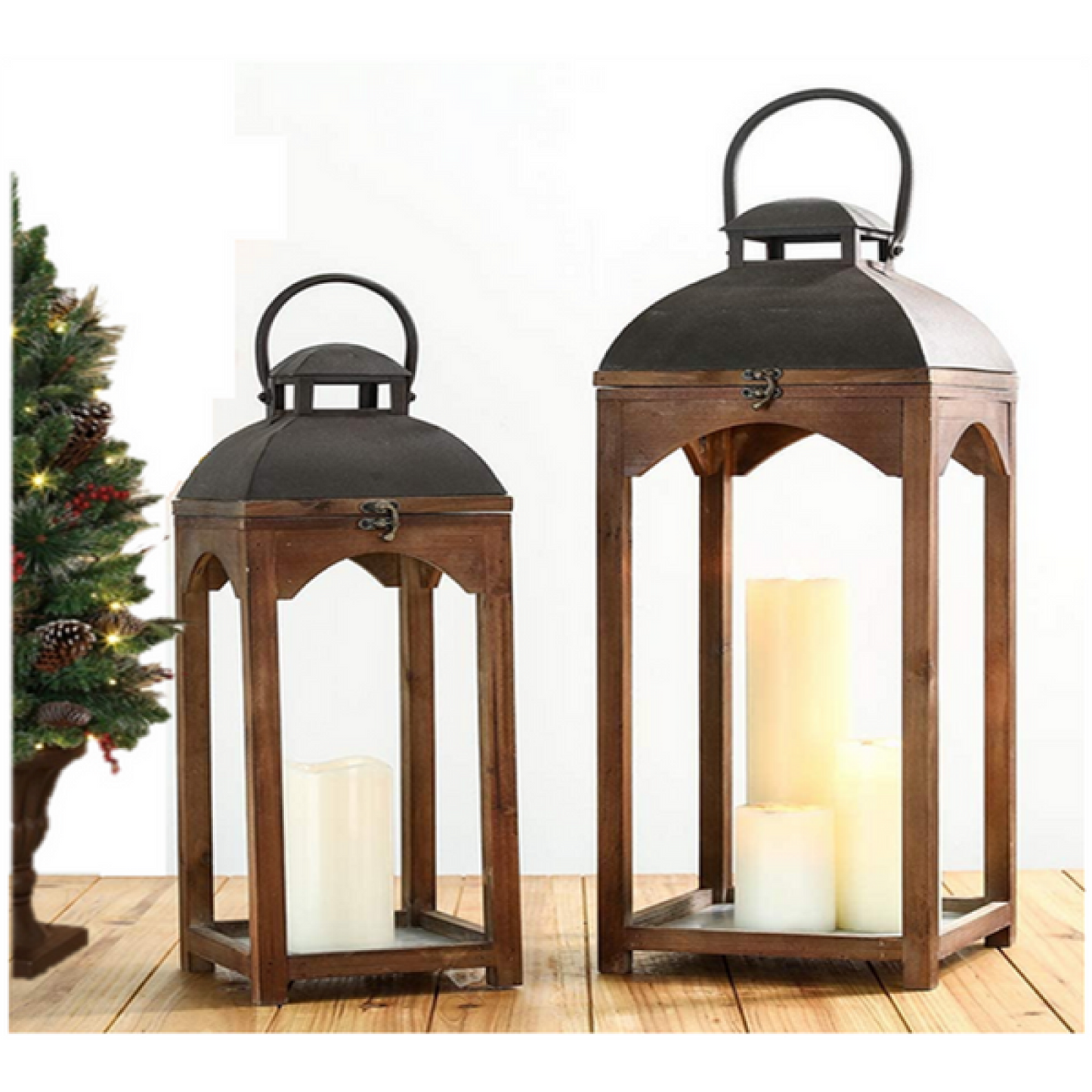 Set Of 2 Vintage Look Wood, Glass And Iron Lanterns