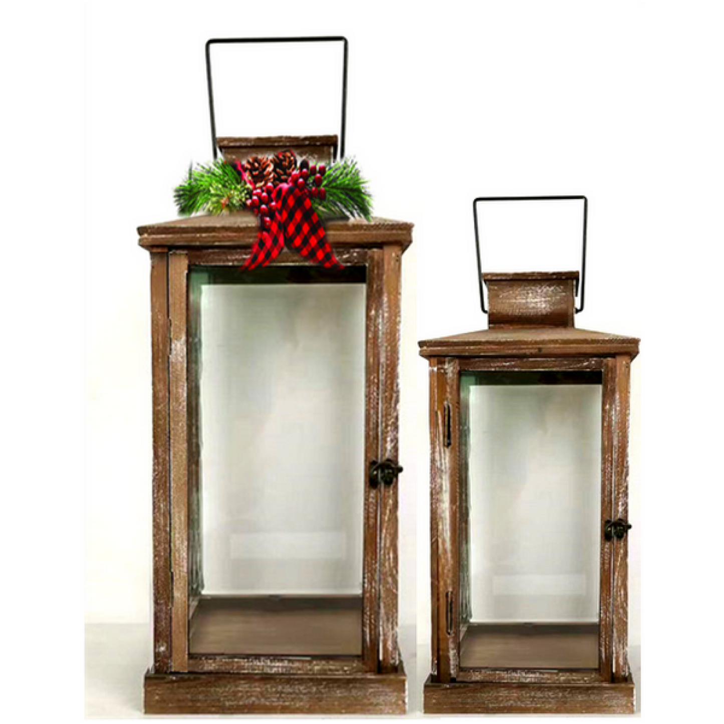 Set Of 2 Vintage Wood With Glass And Iron Top Lanterns