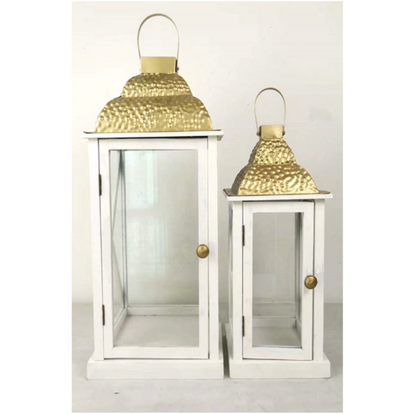 Set Of 2 Vintage White Wood With Gold Color Details Lanterns