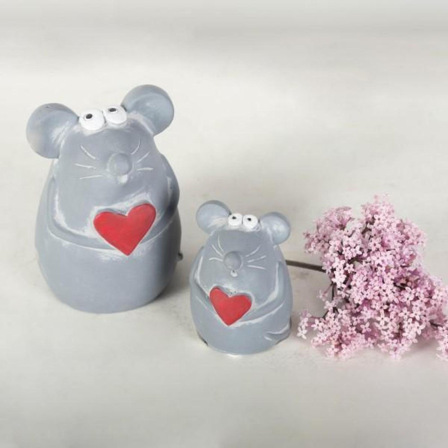 Set Of 2 Cement Mice Holding Red Hearts Figurine