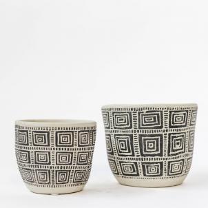 Set Of 2 Cream With Black Squares Pattern Planters