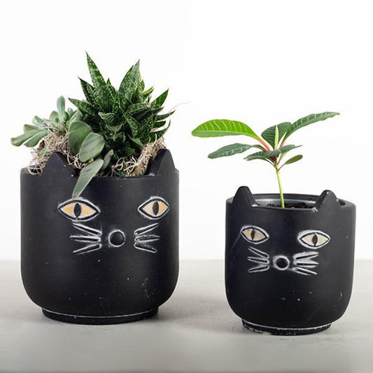 Set Of 2 Black Cat Faces Planters