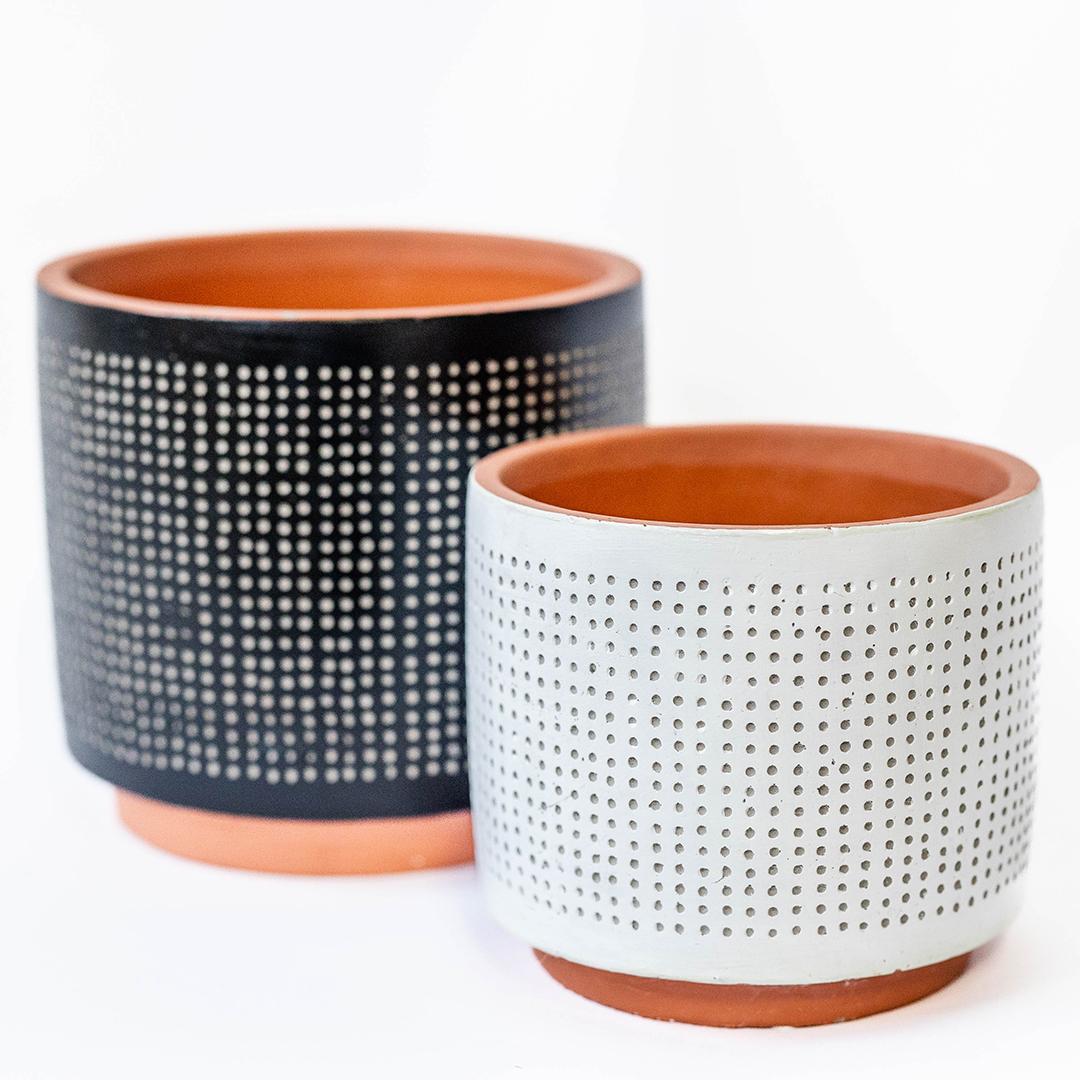 Set Of 2 Black With Beige Dots And Antique White With Beige Dots Planters