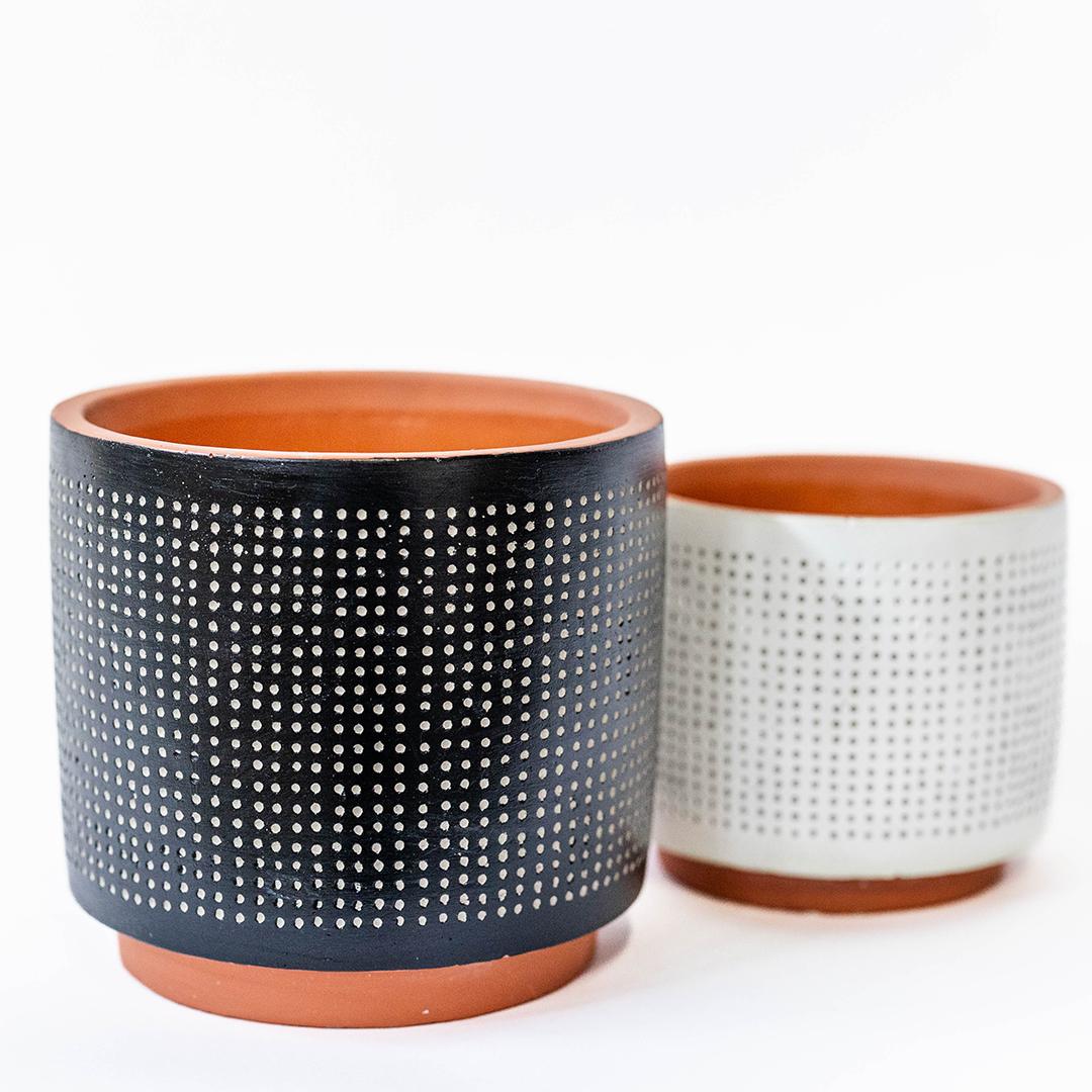 Set Of 2 Black With Beige Dots And Antique White With Beige Dots Planters