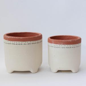 Set Of 2 Beige With Lines And Dots And Orange Trim Footed Planters