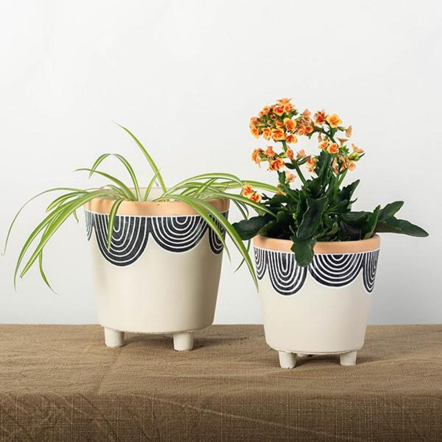 Set Of 2 Antique White With Brick Orange Trim And Navy Blue Lines Footed Planters