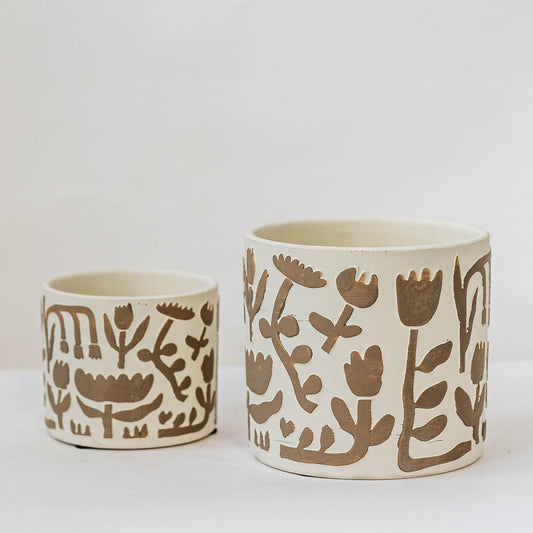 Set Of 2 Terracotta With Primitive Flower Patterns Planters