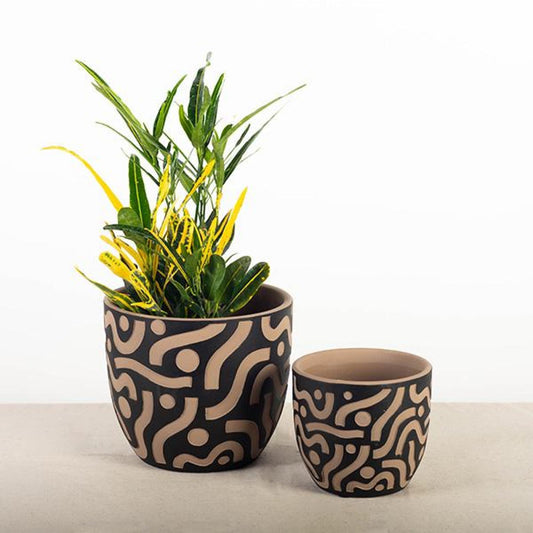 Set Of 2 Terracotta Black With Aztec Inspired Design Planters