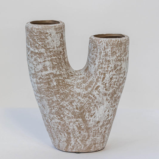 Beige With Washed White Finish And Two Openings Vase