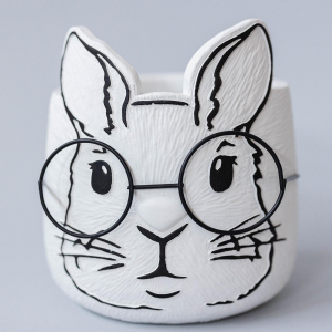 White Bunny Face With Black Outline And Glasses Planter