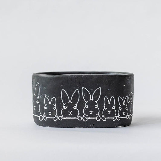 Oval Black With White Peeking Bunnies Pattern Planter