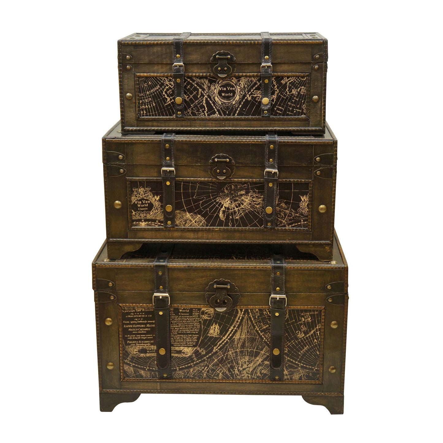 Set Of 3 World Map Prints With Straps And Metal Accents Decorative Trunks