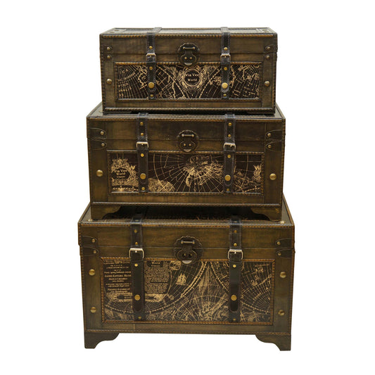 Set Of 3 World Map Prints With Straps And Metal Accents Decorative Trunks