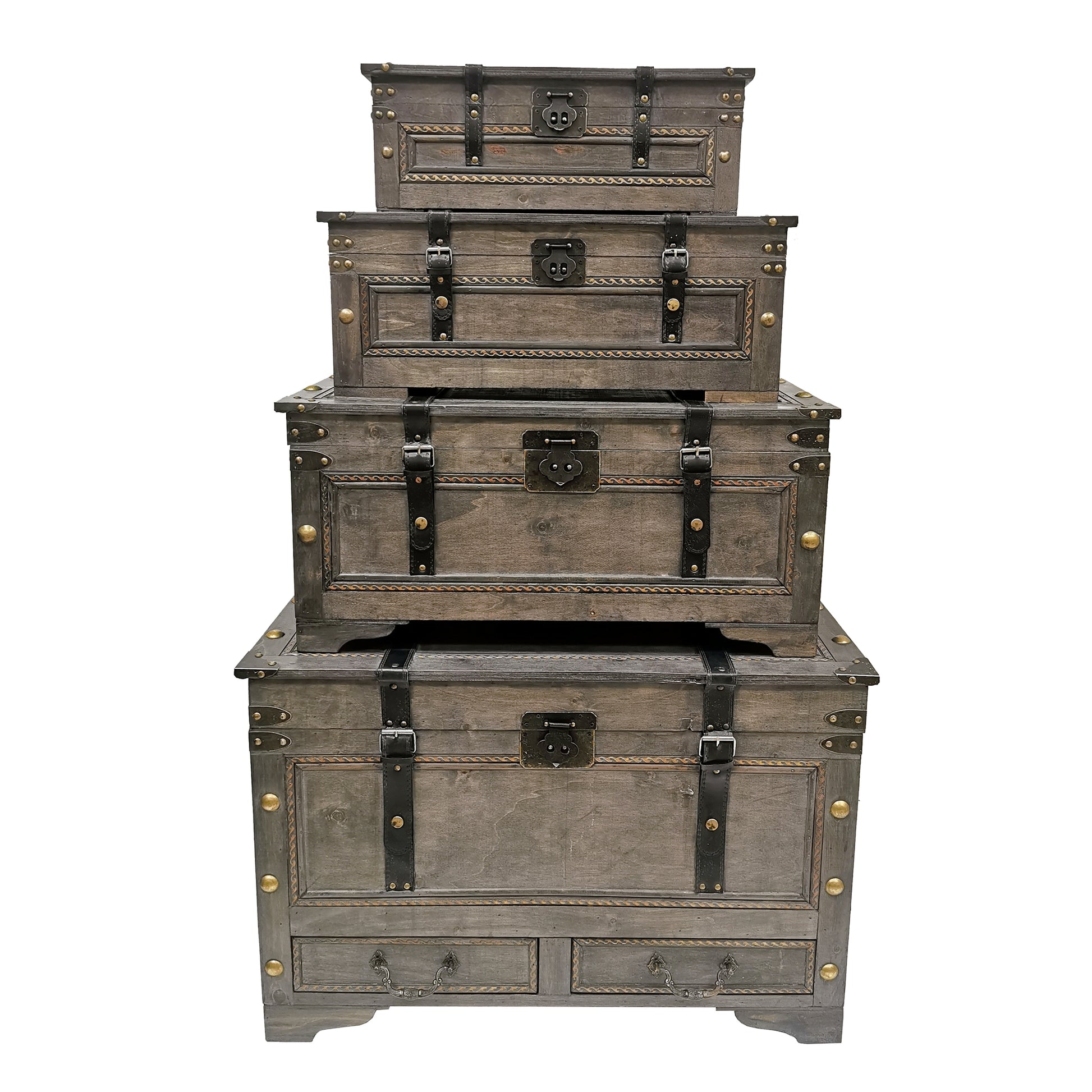 Set Of 4 Nested With Straps And Metal Accents Decorative Trunks