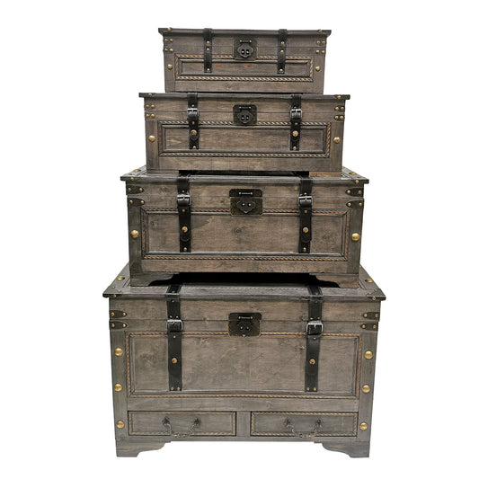 Set Of 4 Nested With Straps And Metal Accents Decorative Trunks