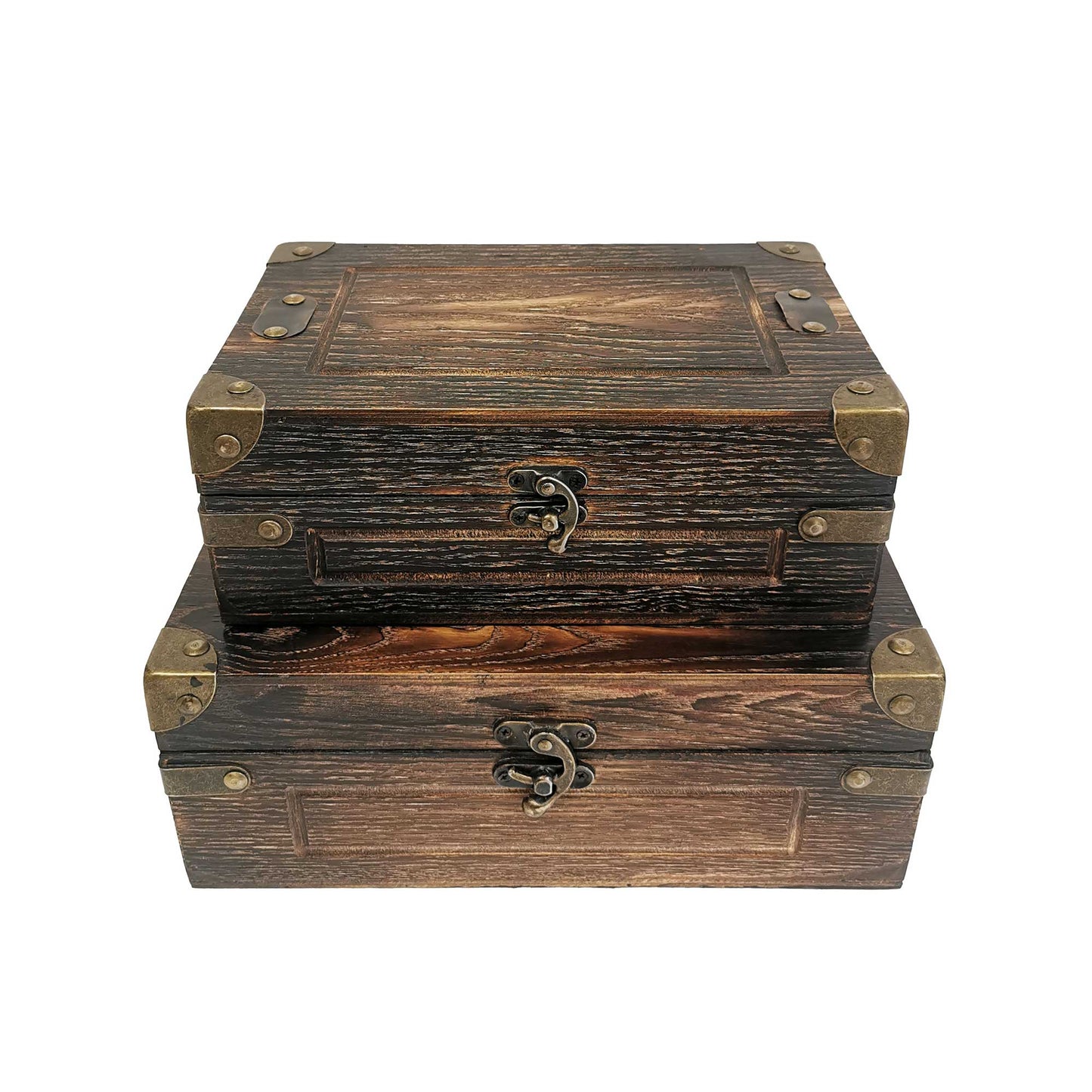 Set Of 2 Distressed Wood Look With Metal Accents Decorative Boxes