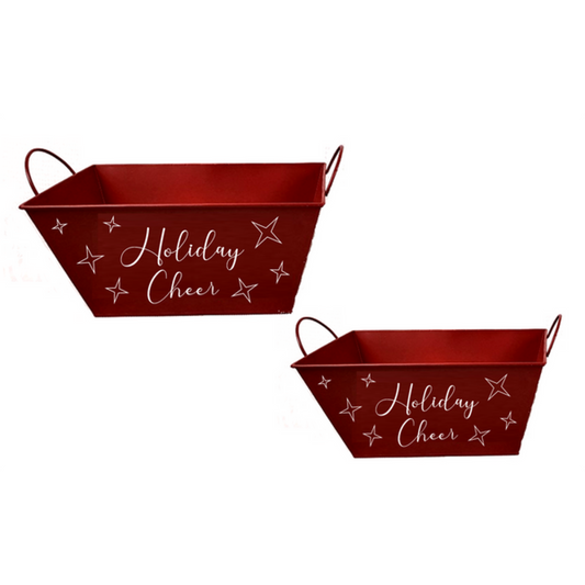 Set Of 2 Red Rectangular Metal With Holiday Cheer And Stars Pattern Baskets