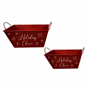 Set Of 2 Red Rectangular Metal With Holiday Cheer And Stars Pattern Baskets