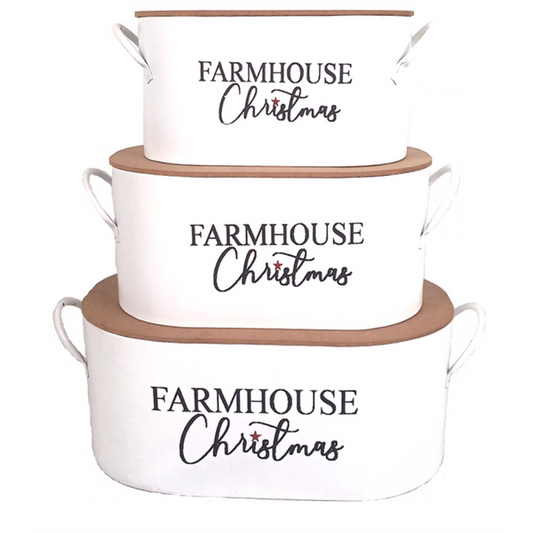 Set Of 3 Metal Farmhouse Christmas With Lids And Handles Bucket