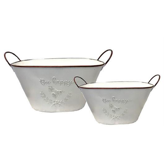 Set Of 2 White  Oval Metal With Embossed "Bee Happy" Design Bucket