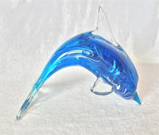 Blue With Clear Fins Handmade Glass Dolphin Figurine