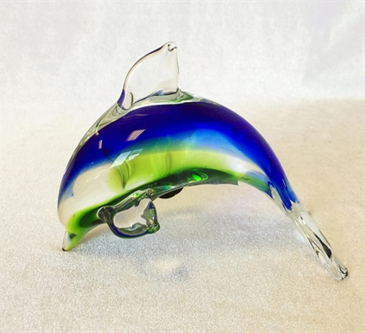 Hand Made Blue, Green And Clear Glass Dolphin Figurine