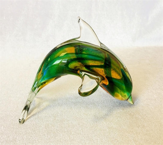 Hand Blown Green,Gold And Blue Glass Dolphin Figurine