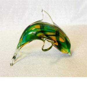 Hand Blown Green,Gold And Blue Glass Dolphin Figurine