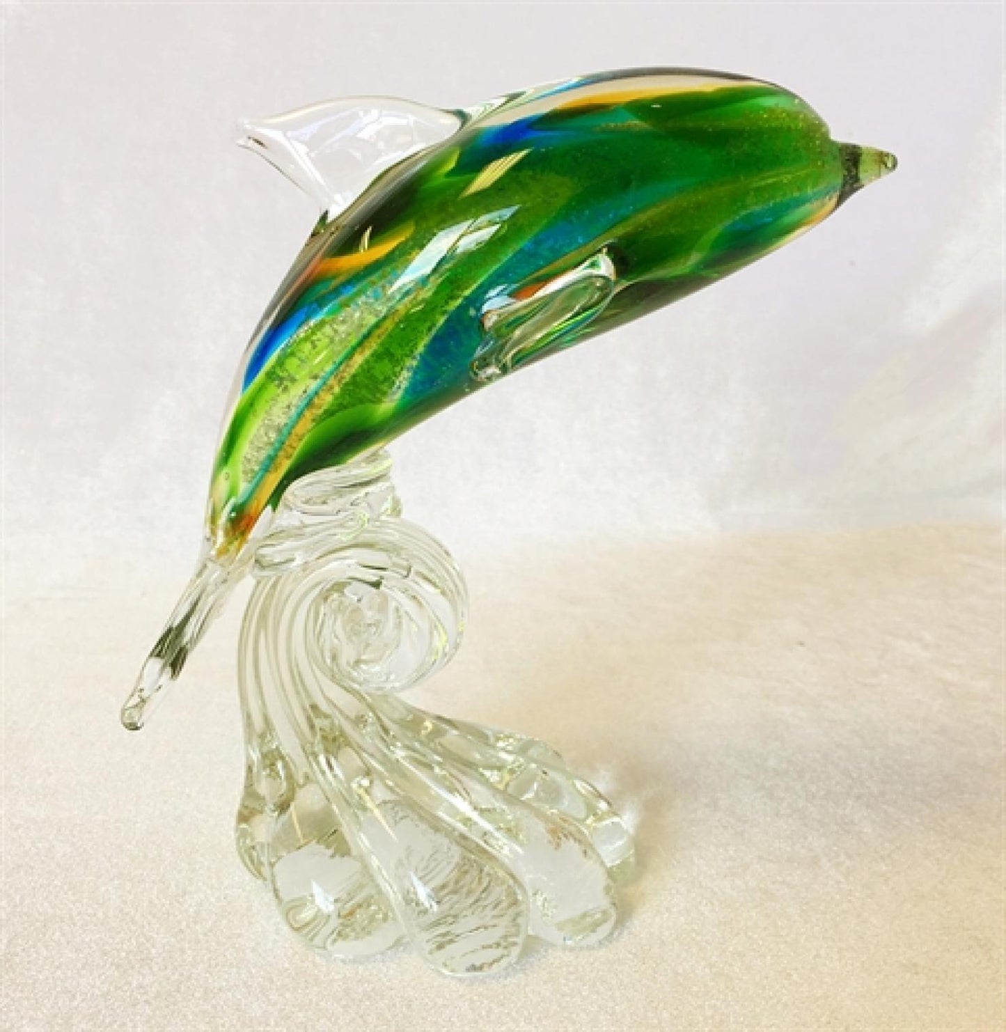 Hand Made Multi Color On Clear Shell Glass Dolphin Figurine