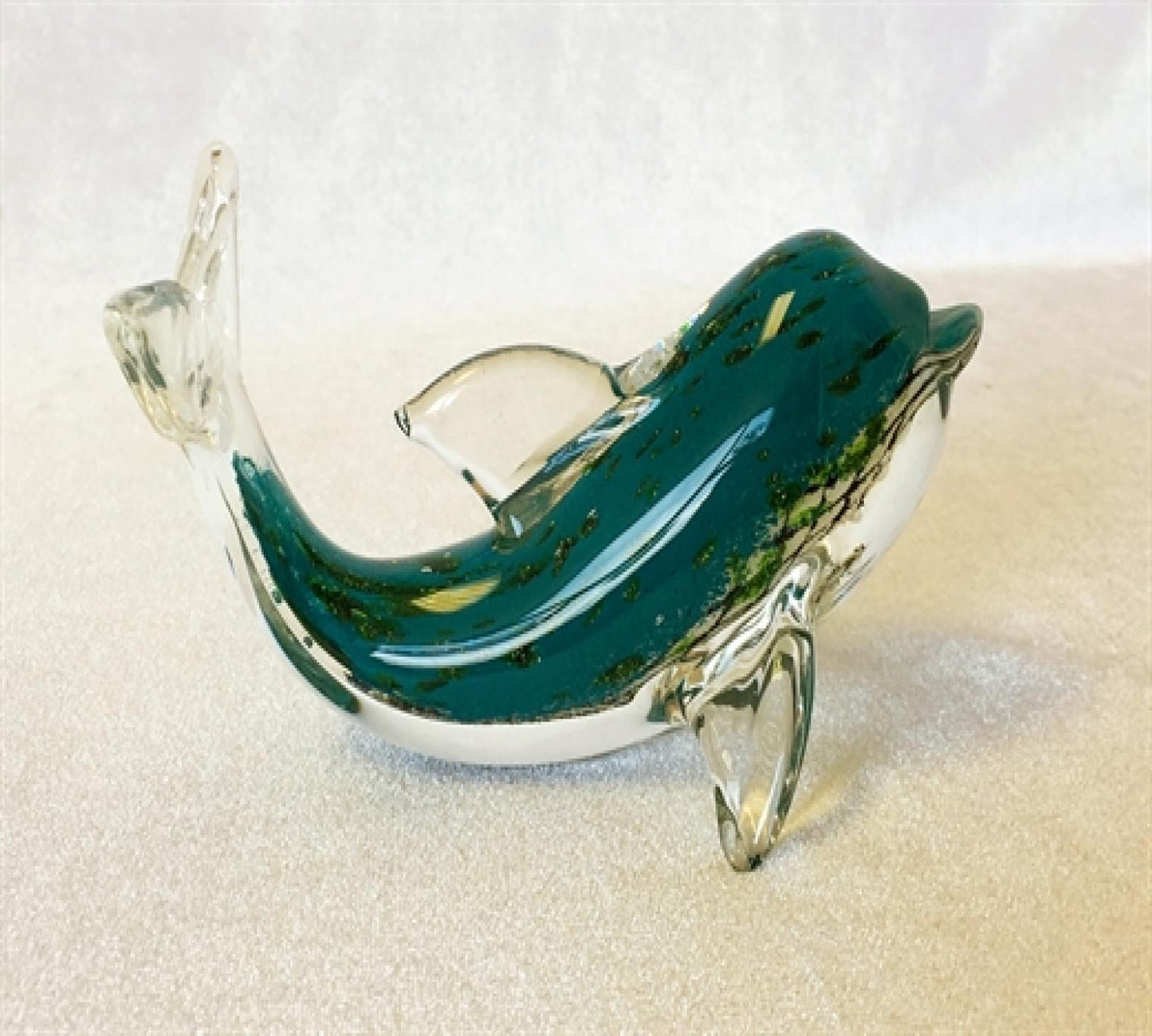 Hand Made Green And White With Clear Fins Glass Dolphin Figurine