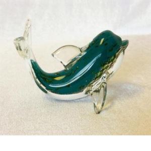 Hand Made Green And White With Clear Fins Glass Dolphin Figurine