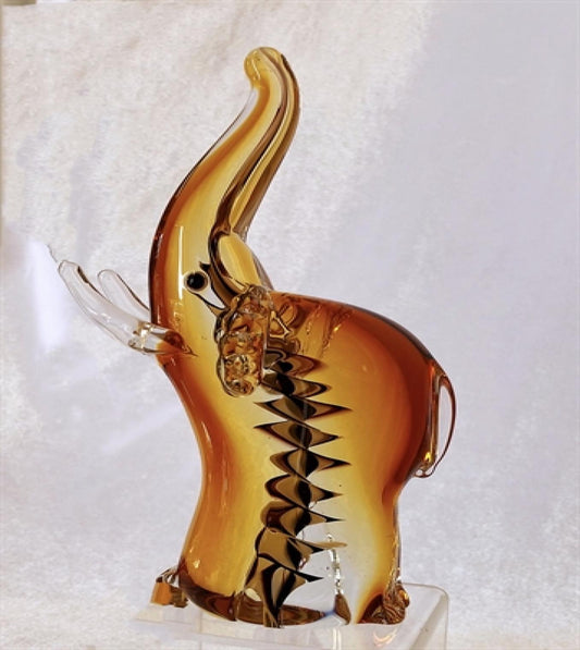 Gold And Brown Trunk Up With Clear Tusks Glass Elephant Figurine