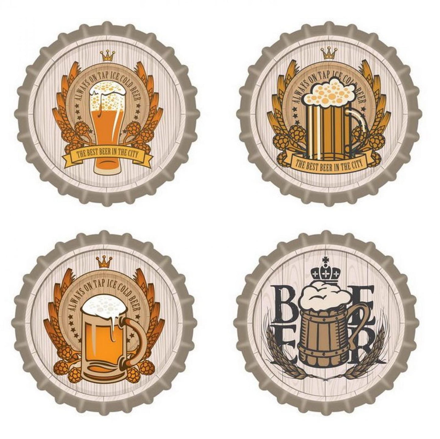 Set Of 4 Bottle Cap Shaped Beer Themed Coasters