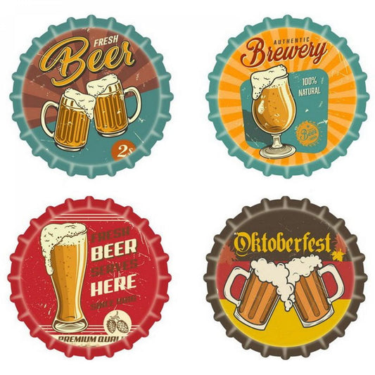 Set Of 4 Bottle Cap Shaped Beer Themed Coasters