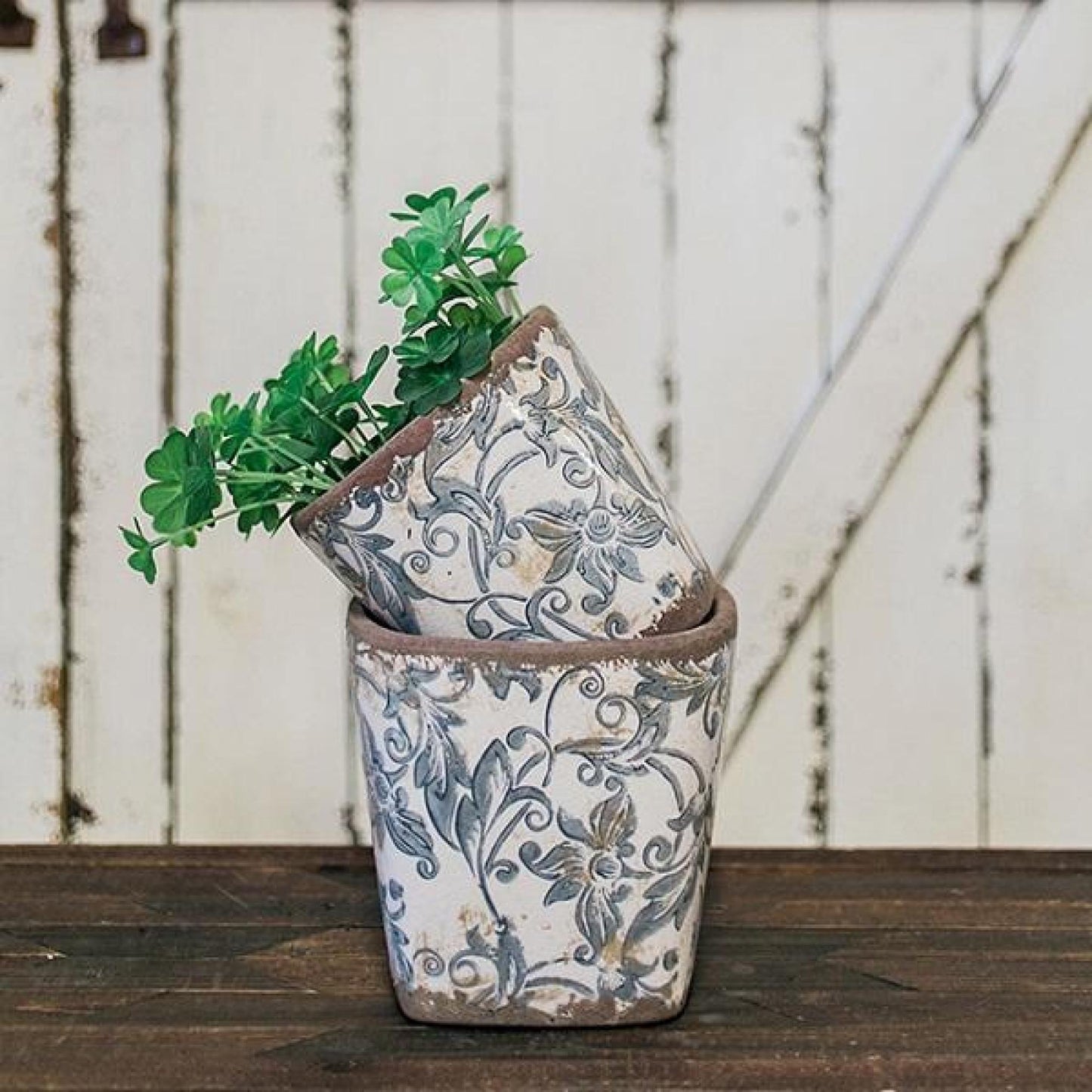 Set Of 2 Antique Cream,Blue And Brown Glazed Ceramic Planters