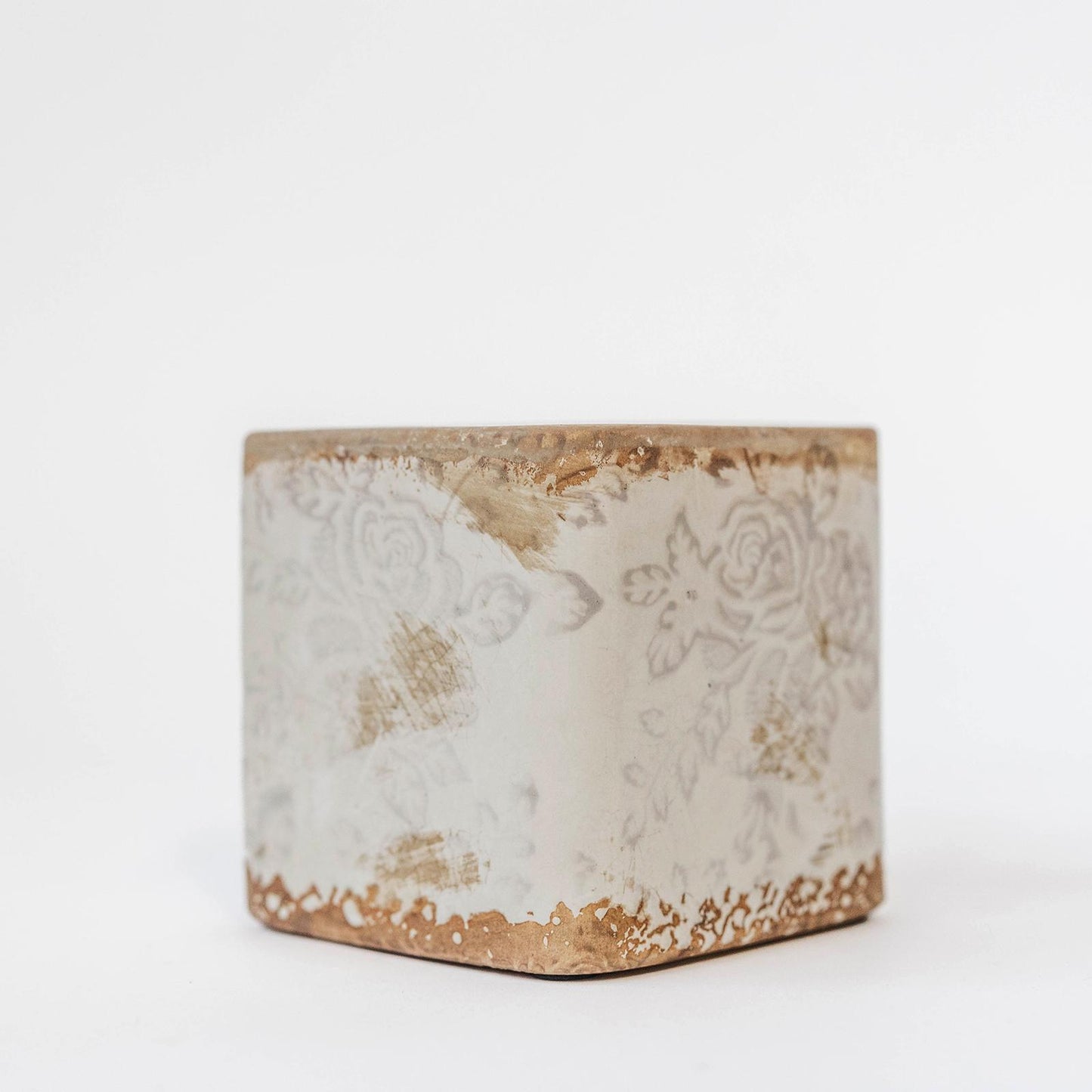 Antique Cream And Beige With Subtle Floral Pattern And Smooth Glazed Crackle Finish Square Planter