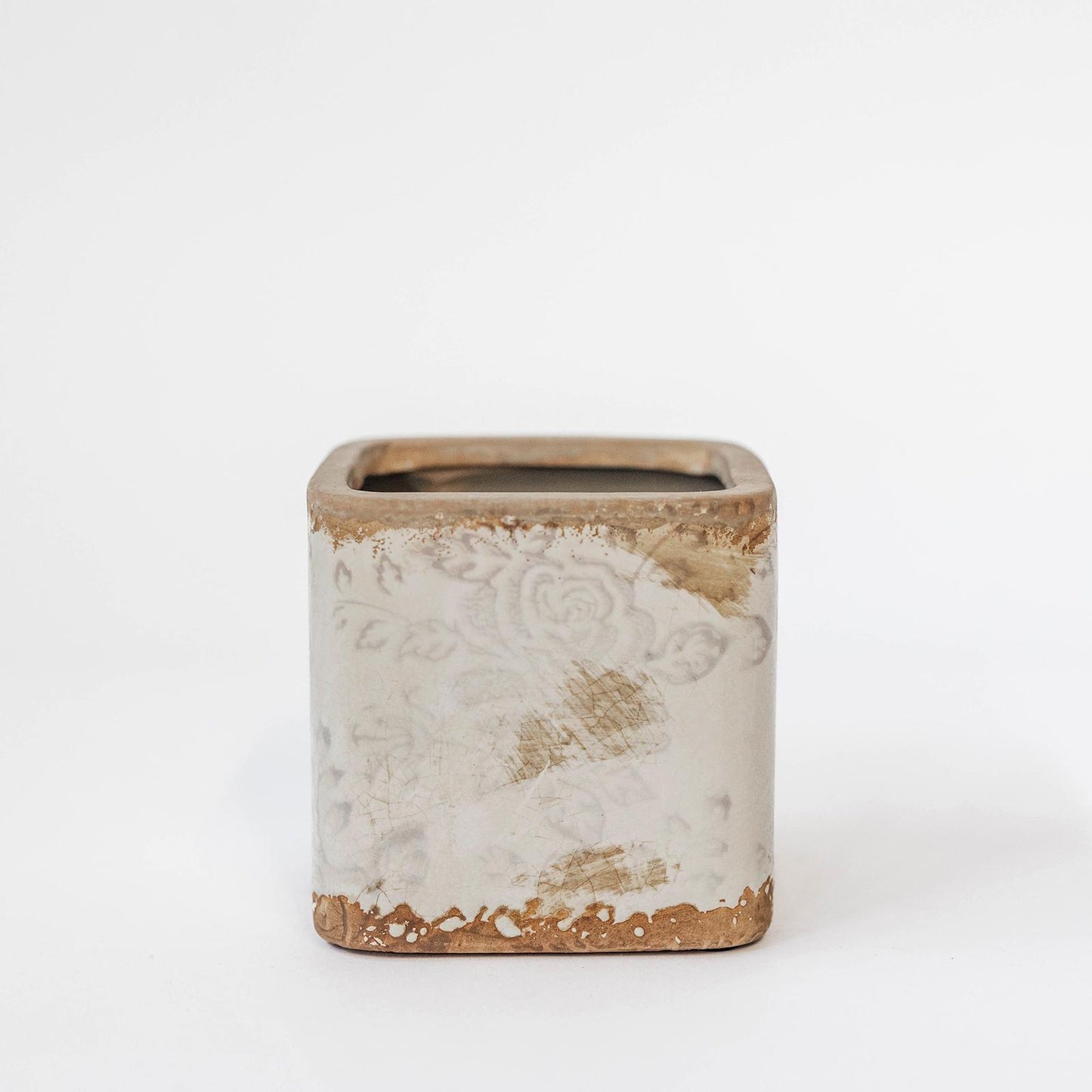 Antique Cream And Beige With Subtle Floral Pattern And Smooth Glazed Crackle Finish Square Planter