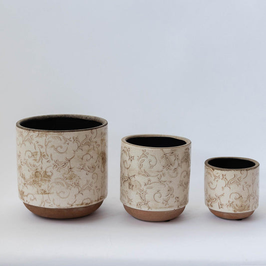 Set Of 3 Cream And Beige Floral Patterned Planters