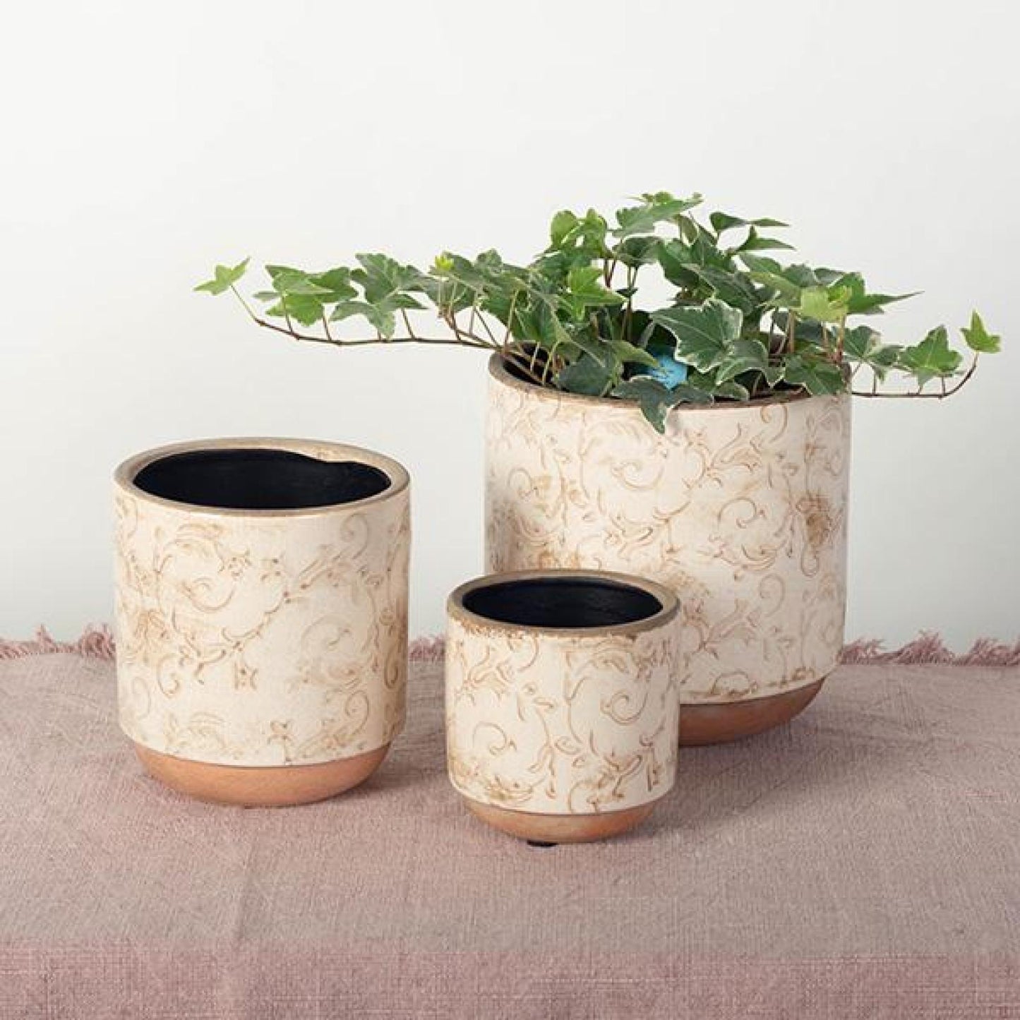 Set Of 3 Cream And Beige Floral Patterned Planters