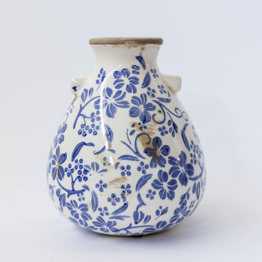Blue Floral Pattern On White Rustic Vase