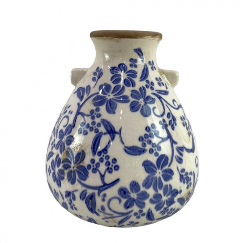 Blue Floral Pattern On White Rustic Vase
